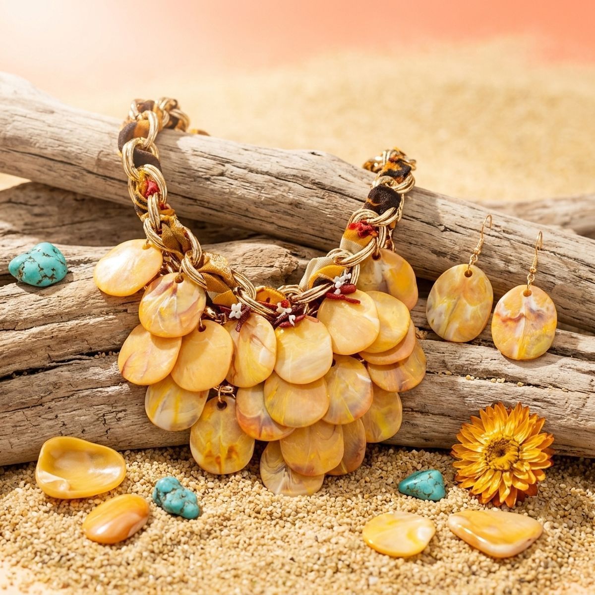 Marble Mustard Disc Bib Fabric Woven Chain Necklace