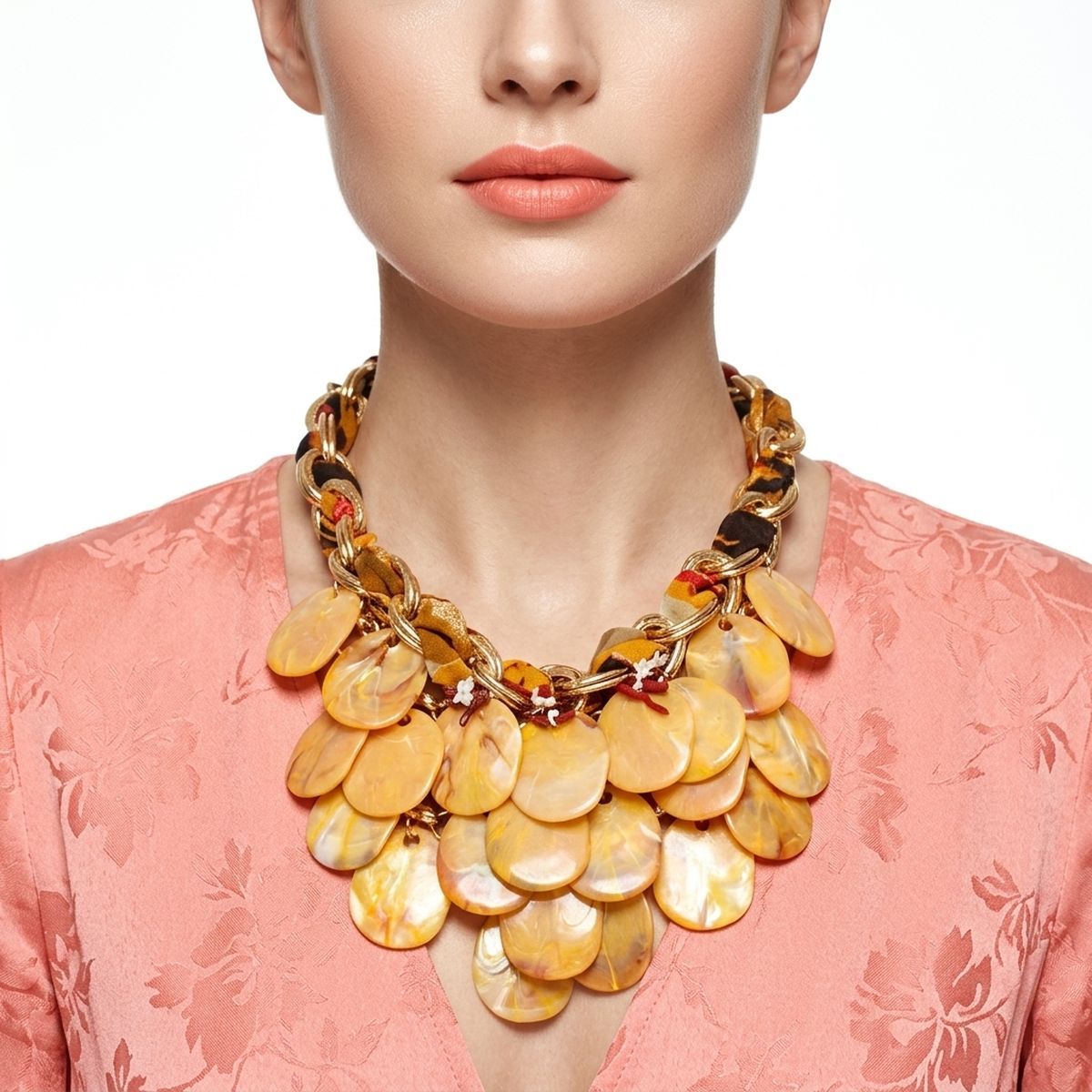 Marble Mustard Disc Bib Fabric Woven Chain Necklace