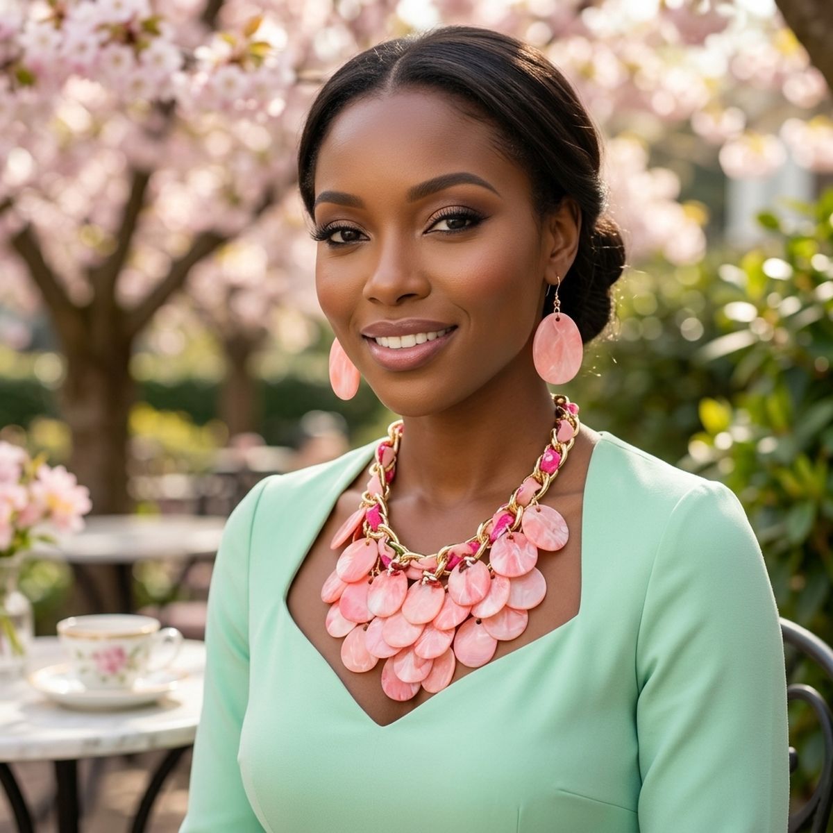 Marbled Pink Disc Bib Fabric Woven Chain Necklace