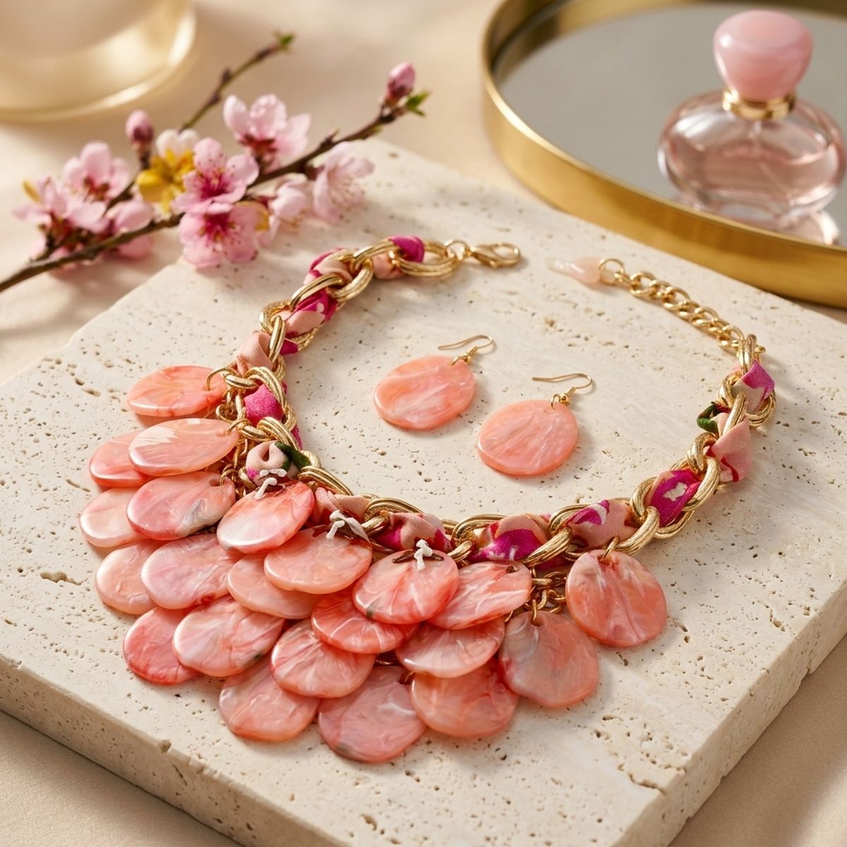 Marbled Pink Disc Bib Fabric Woven Chain Necklace