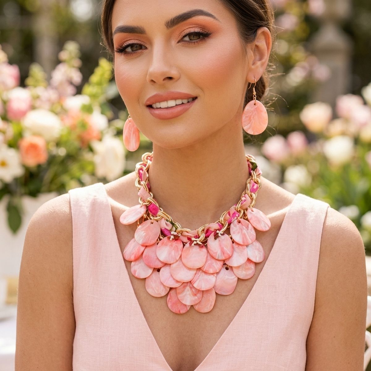 Marbled Pink Disc Bib Fabric Woven Chain Necklace
