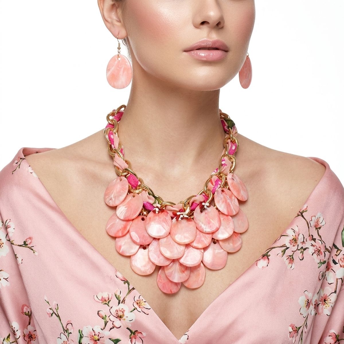 Marbled Pink Disc Bib Fabric Woven Chain Necklace