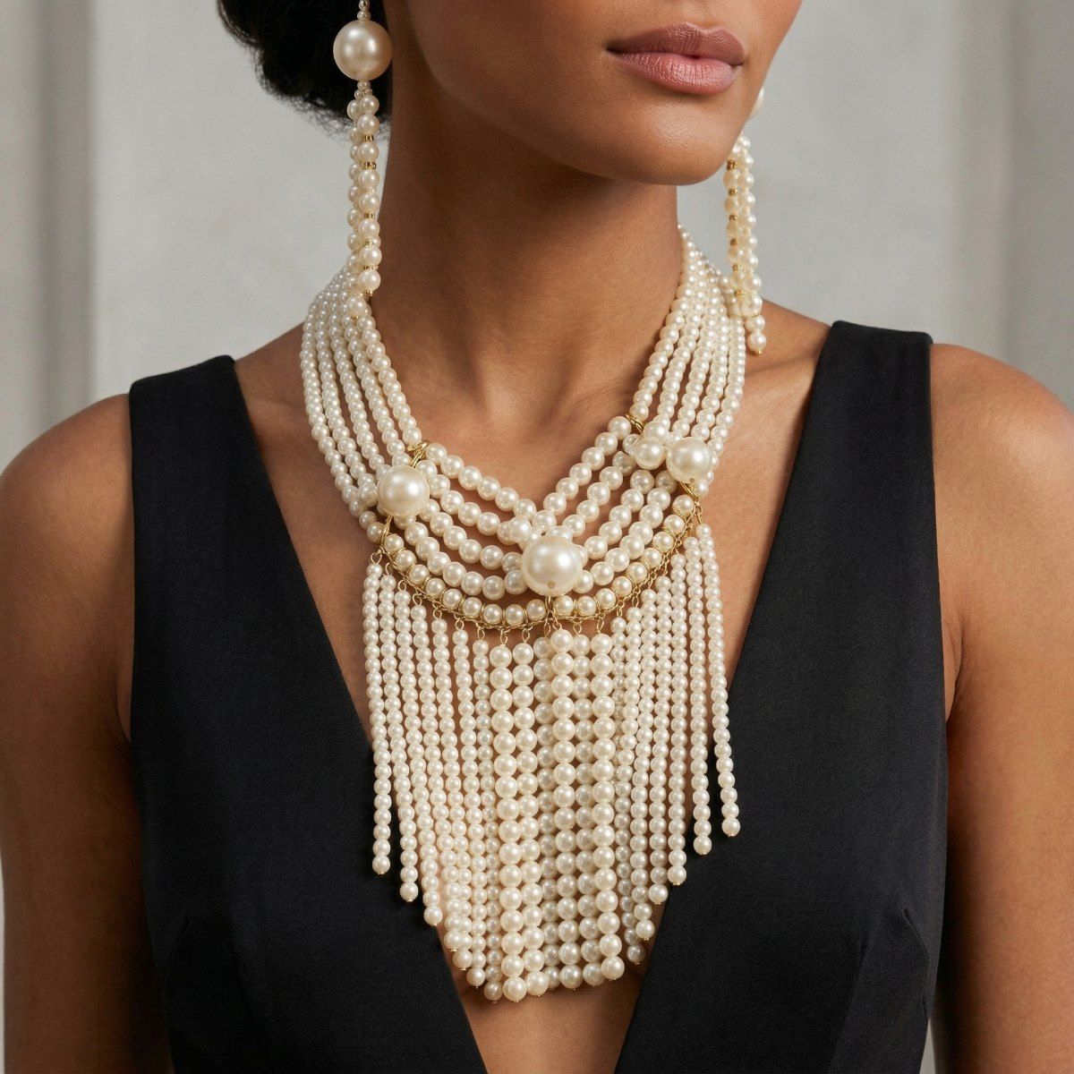 Waterfall Fringe Cream Pearl Bib Necklace