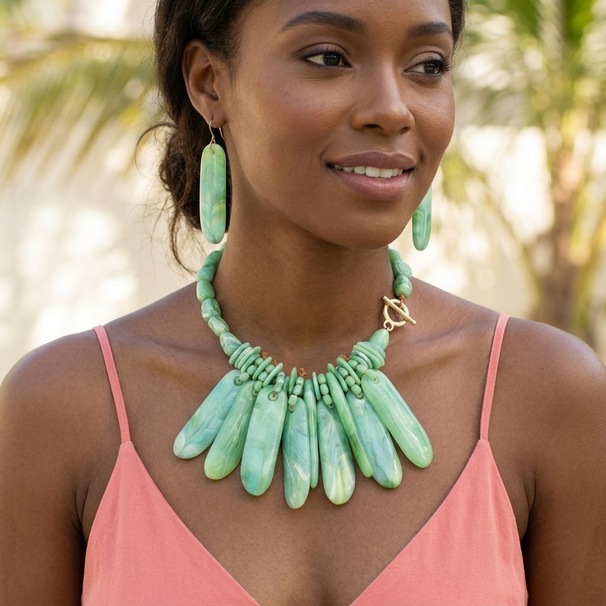 Bib Green Resin Drops Tropical Getaway Necklace