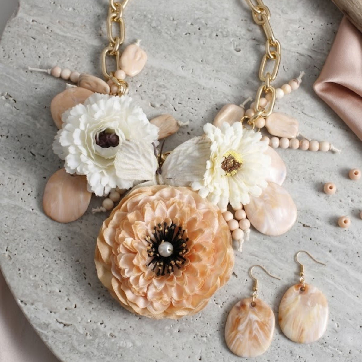Chunky Faux Ivory Flower Butterfly Bib Necklace