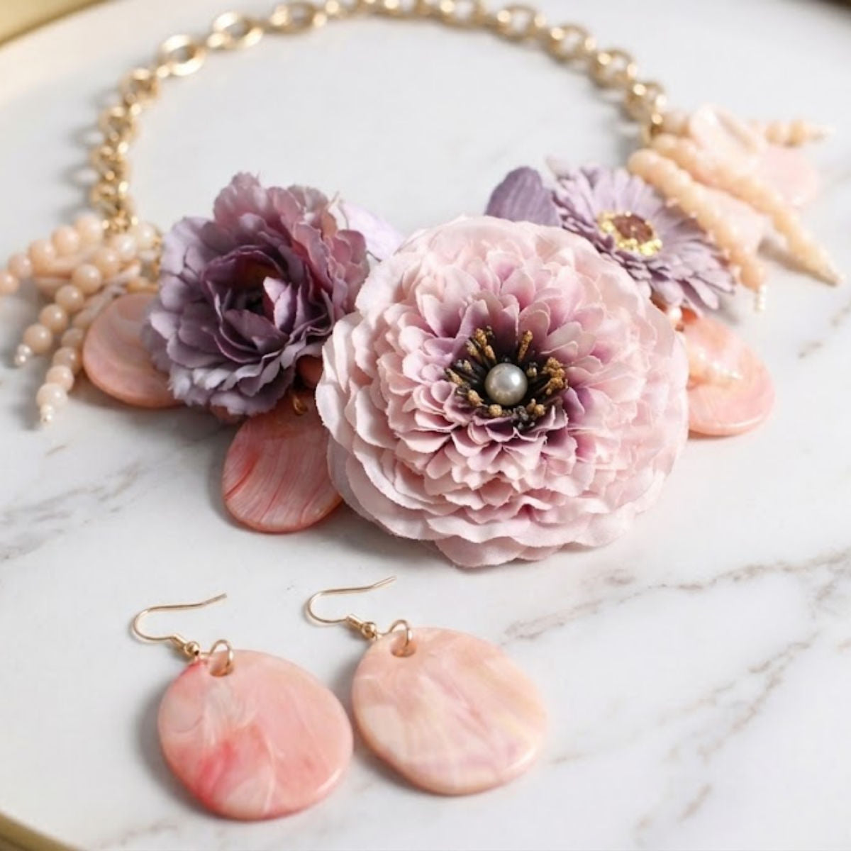 Chunky Faux Lavender Flower Butterfly Bib Necklace