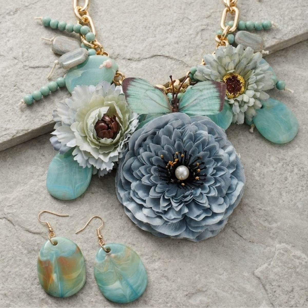 Chunky Faux Turquoise Flower Butterfly Bib Necklace