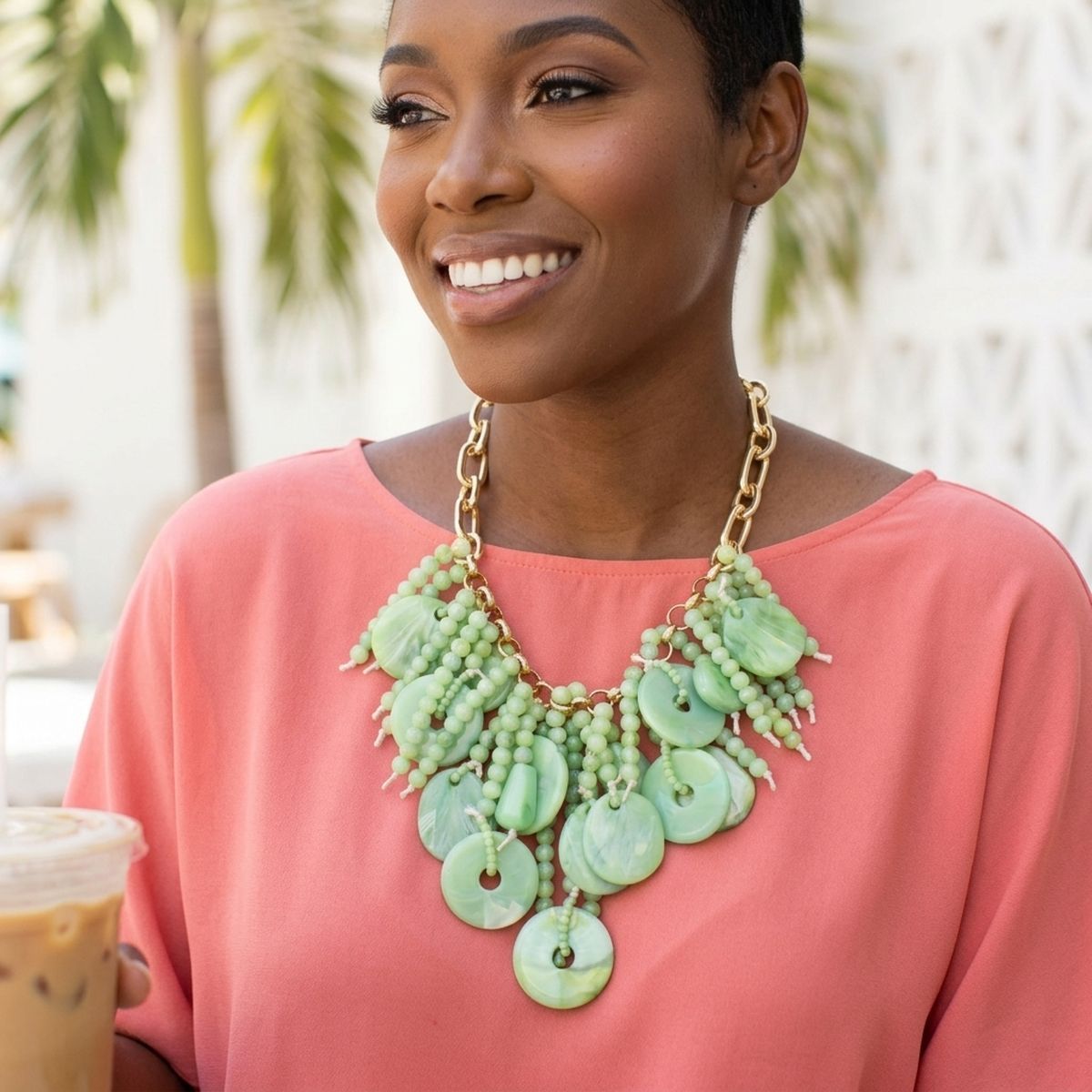 Green Waterfall Fringe Tropical Getaway Necklace