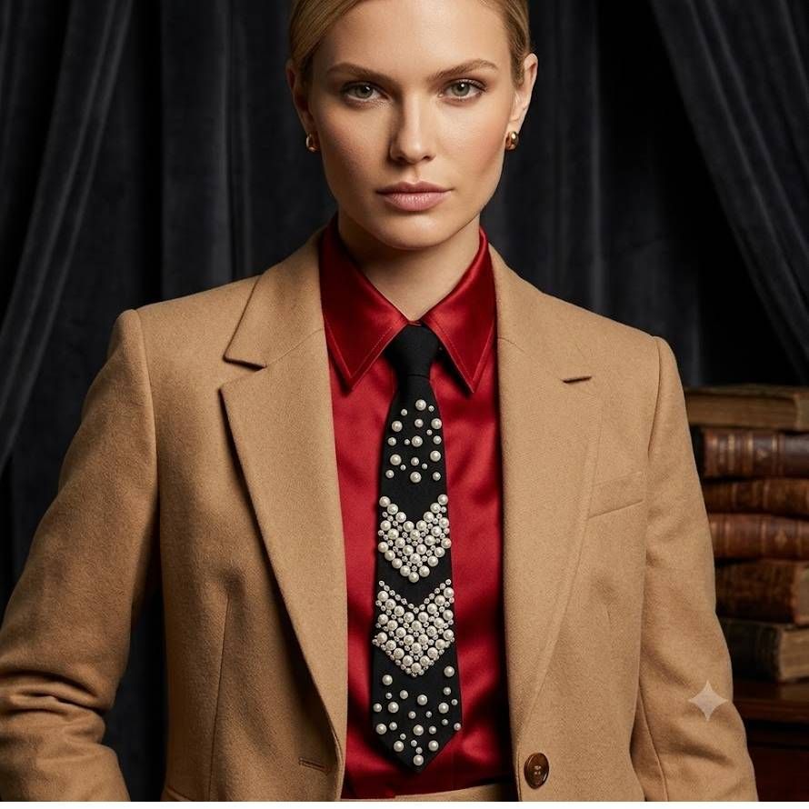 Chevron Pearl Studded Black Necktie Necklace