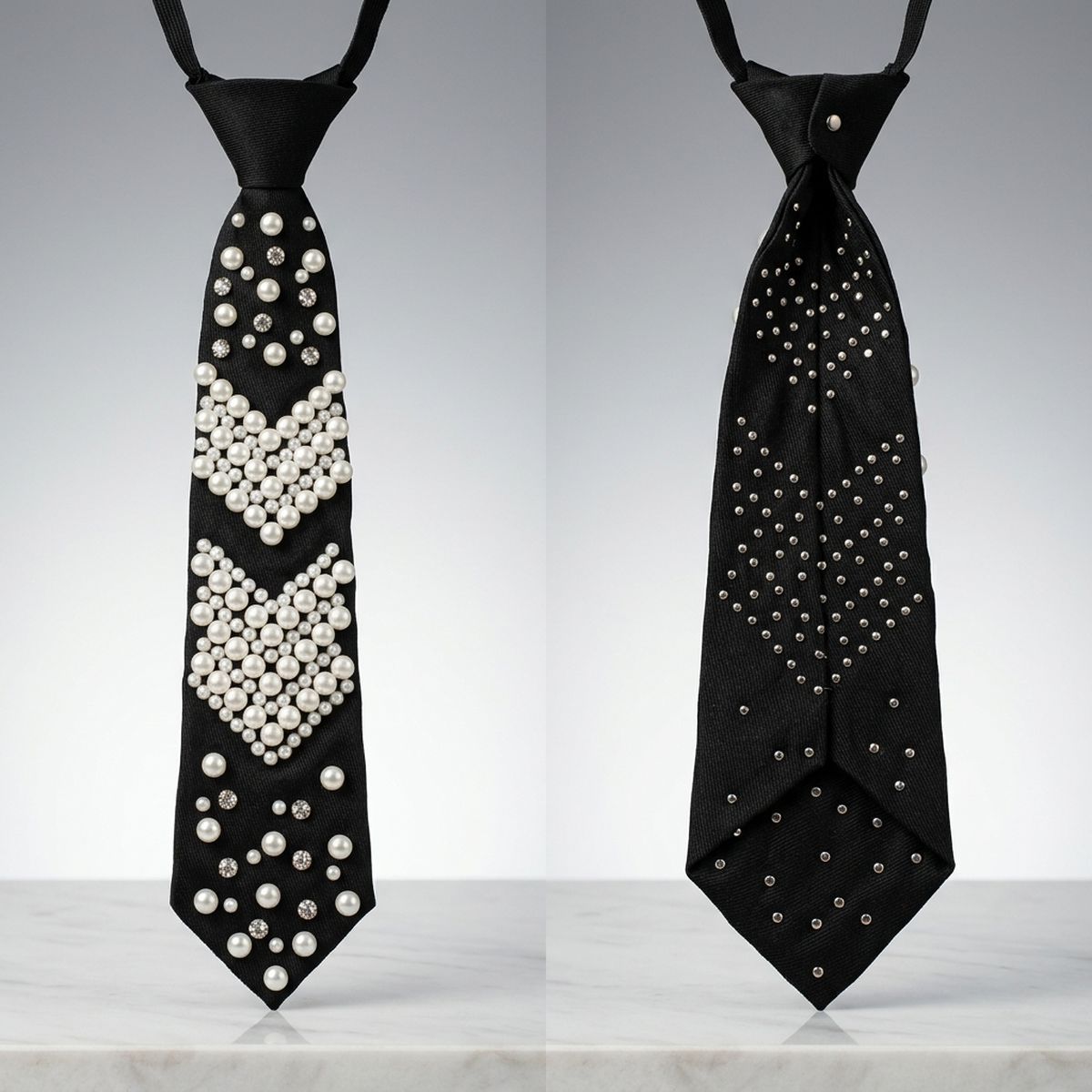Chevron Pearl Studded Black Necktie Necklace