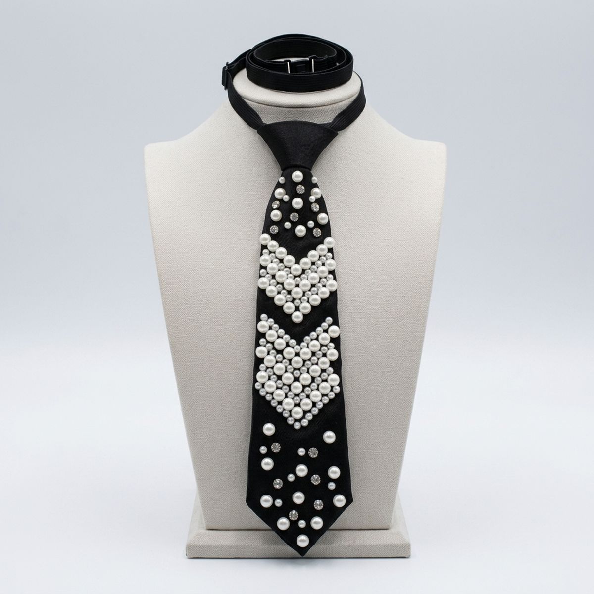 Chevron Pearl Studded Black Necktie Necklace