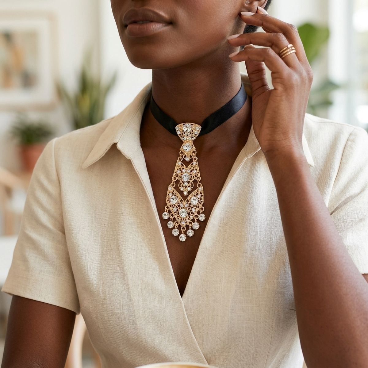 Gold Filigree Rhinestone Necktie Choker Necklace