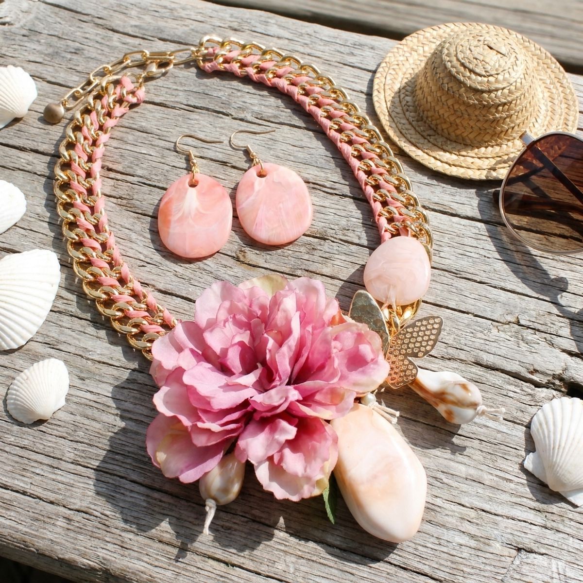 Pink Flower Butterfly Double Chain Collar Necklace
