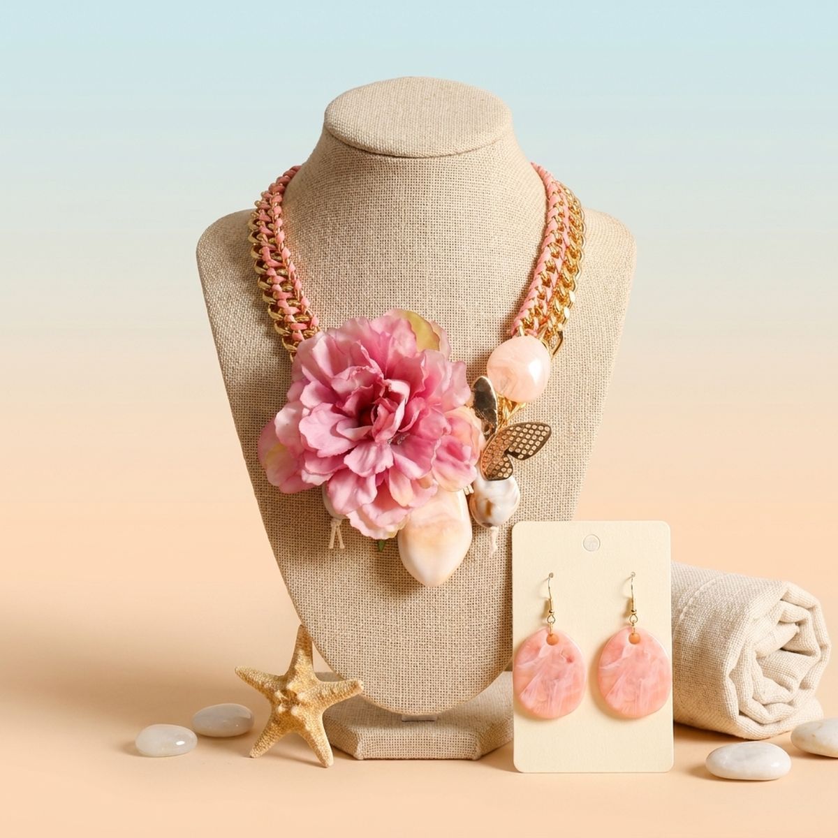Pink Flower Butterfly Double Chain Collar Necklace