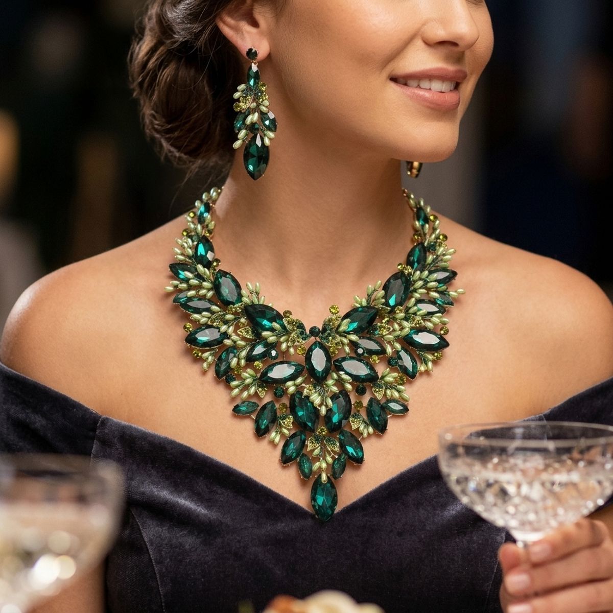 Green Glass Crystal Floral Large Bib Necklace Set