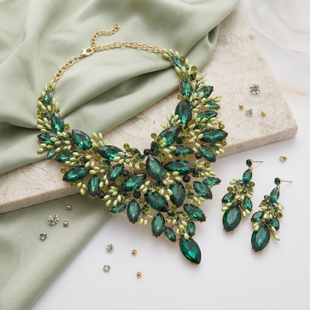 Green Glass Crystal Floral Large Bib Necklace Set