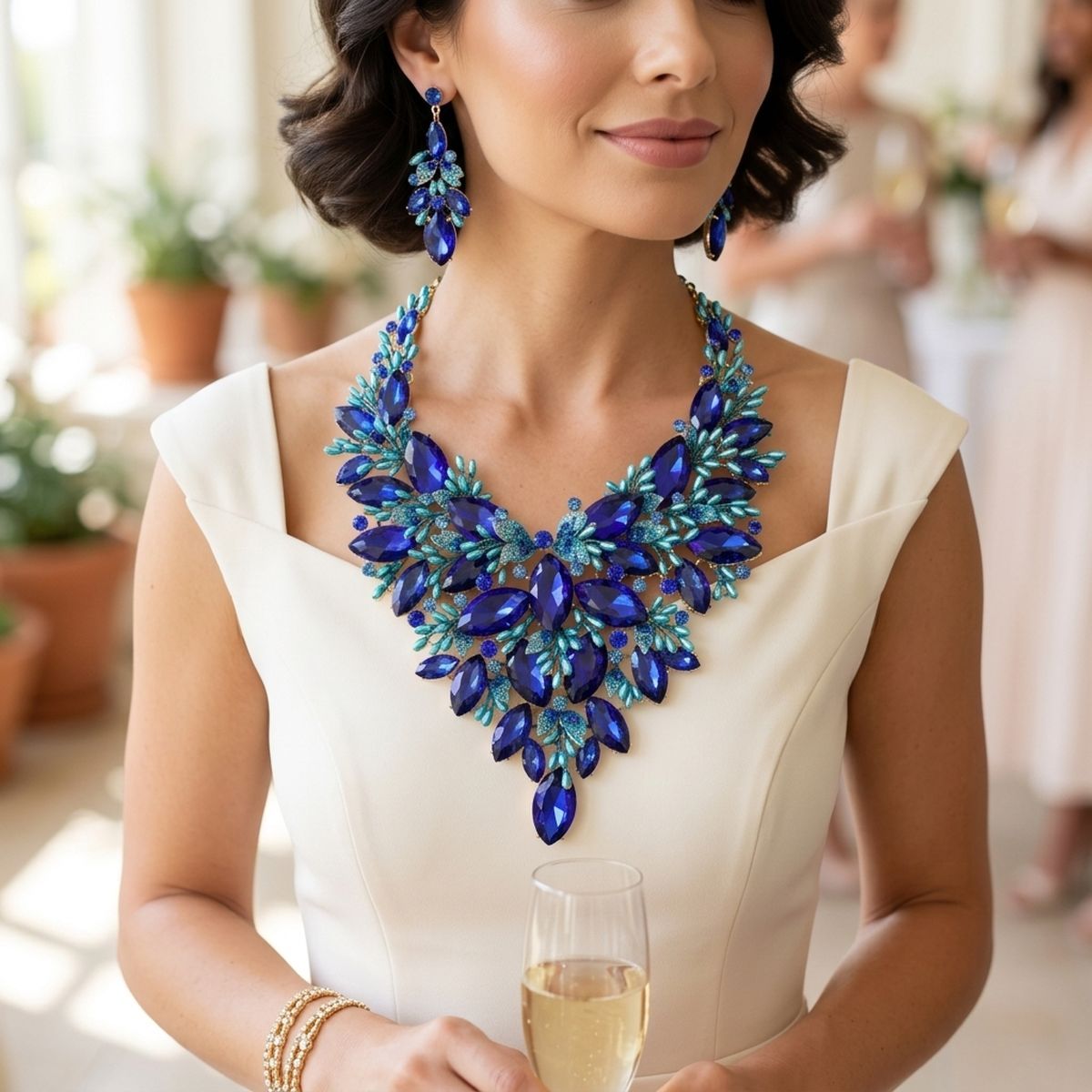 Blue Glass Crystal Floral Large Bib Necklace Set