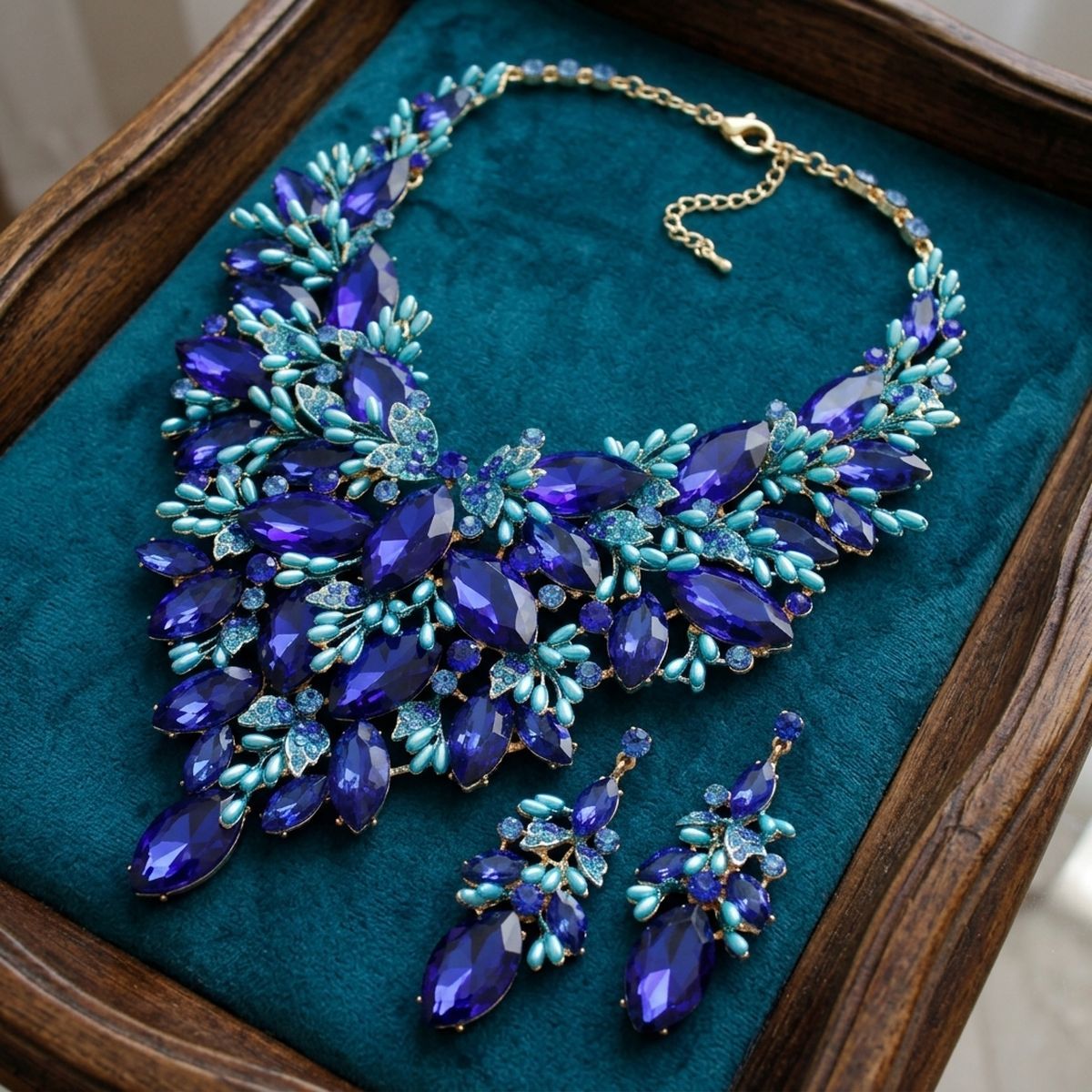 Blue Glass Crystal Floral Large Bib Necklace Set