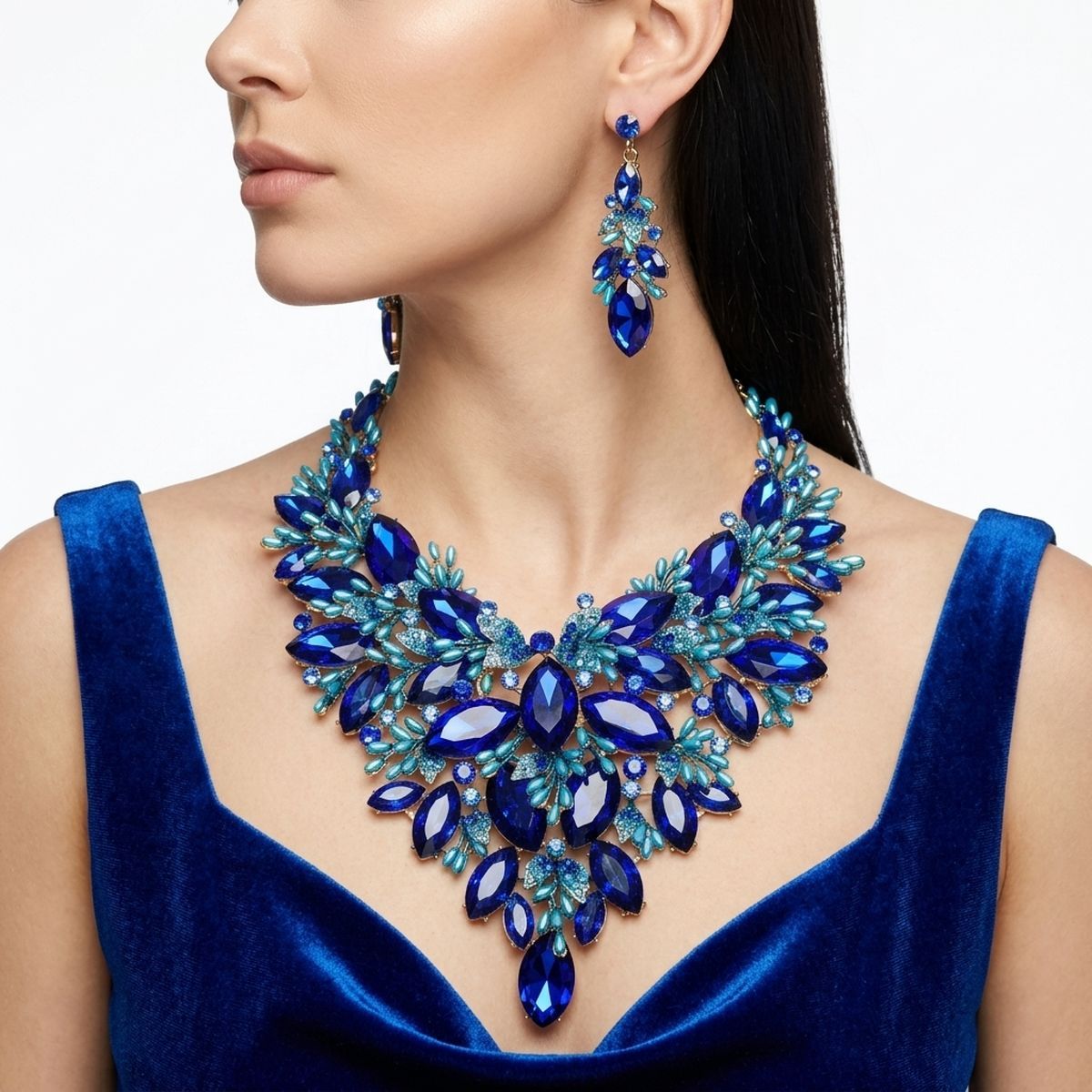 Blue Glass Crystal Floral Large Bib Necklace Set