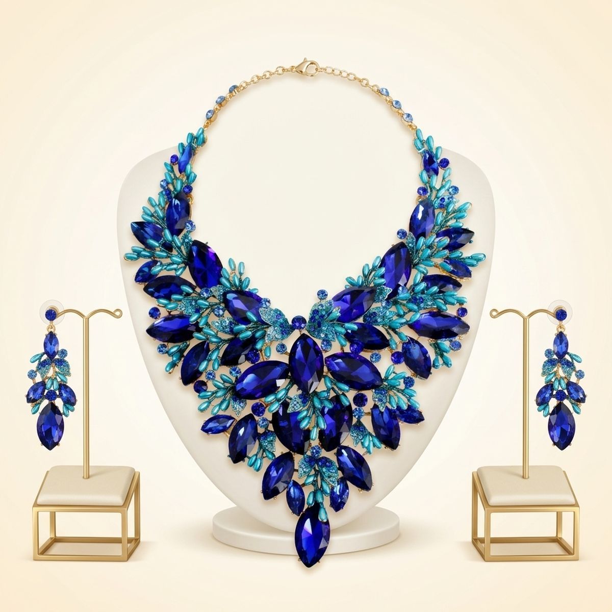 Blue Glass Crystal Floral Large Bib Necklace Set
