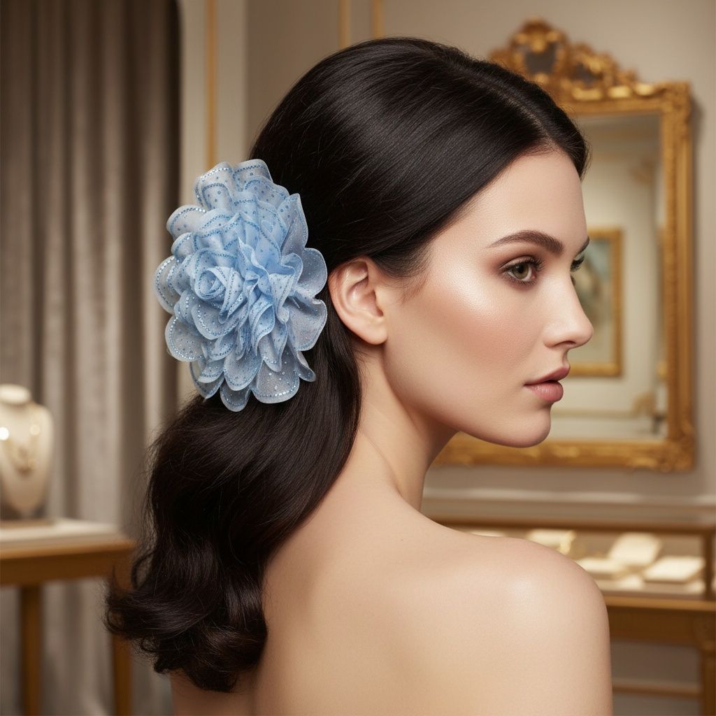 Blue Camellia Flower Sparkle Brooch Hair Clip