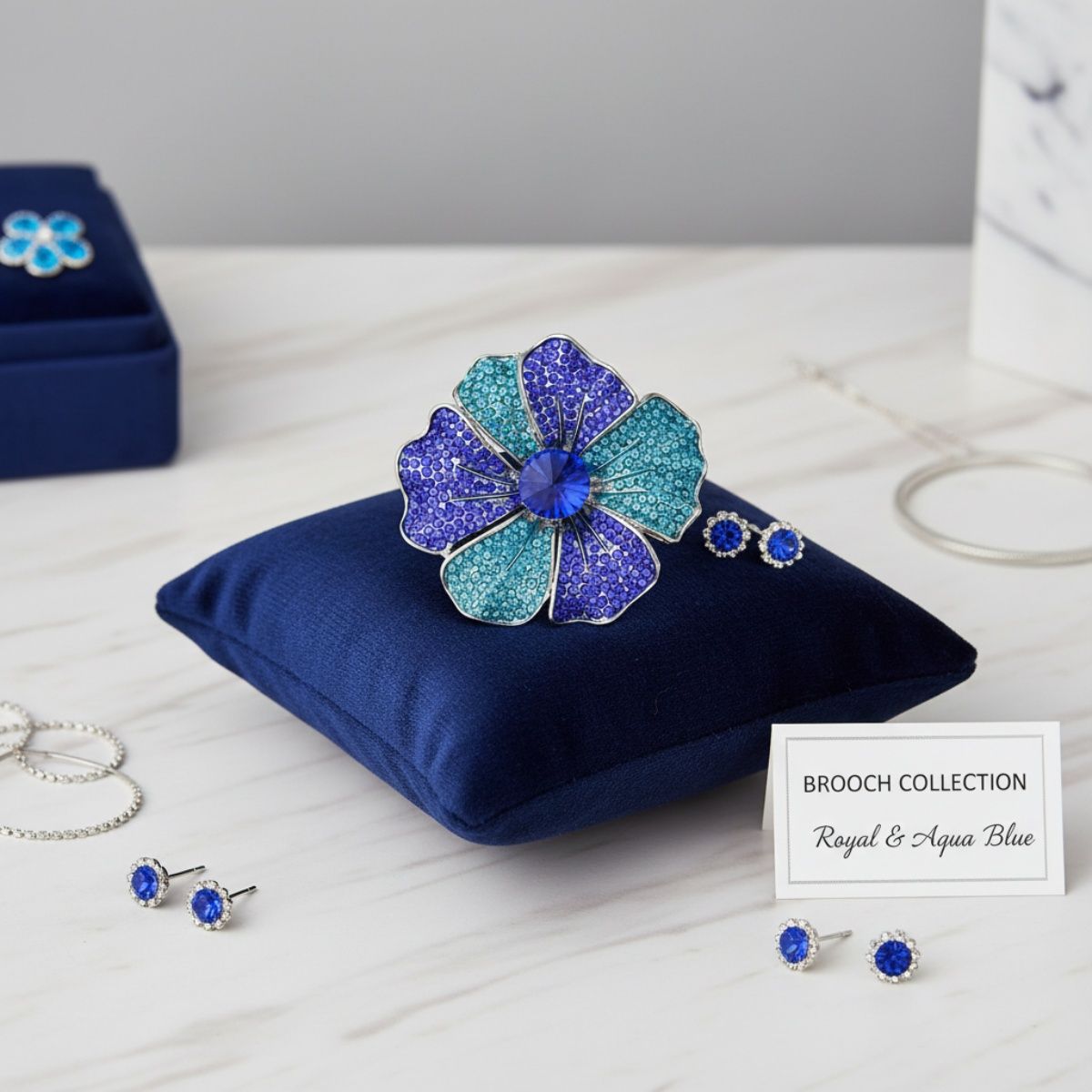 Brooch Large Royal and Aqua Blue Silver Flower Pin