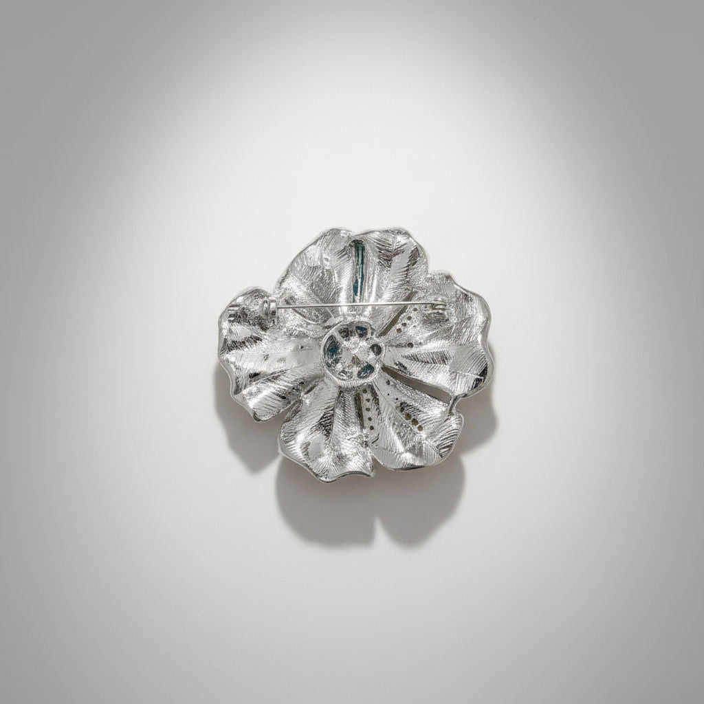 Brooch Large Royal and Aqua Blue Silver Flower Pin