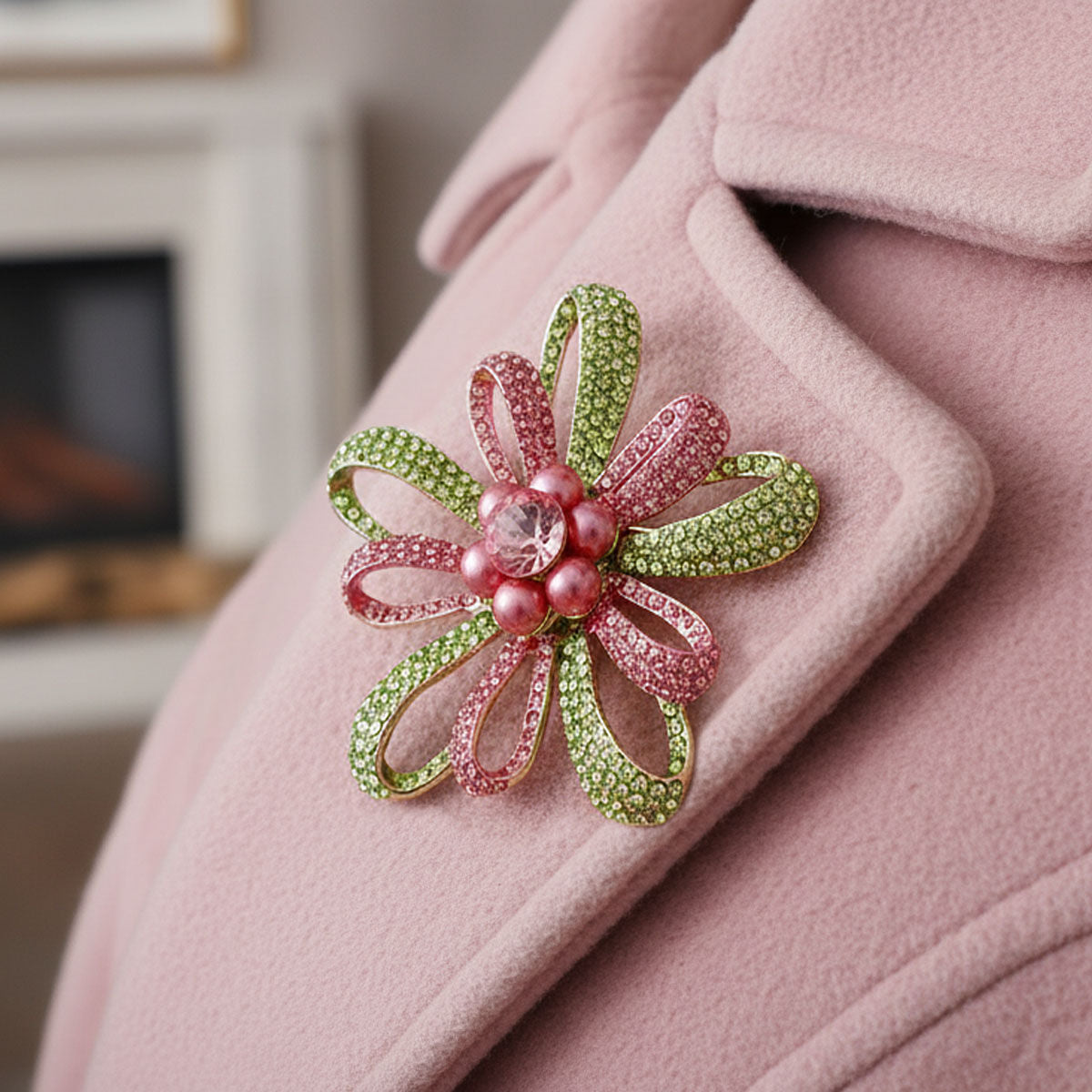 Brooch Large Pink Green Stone Loop Pearl Pin