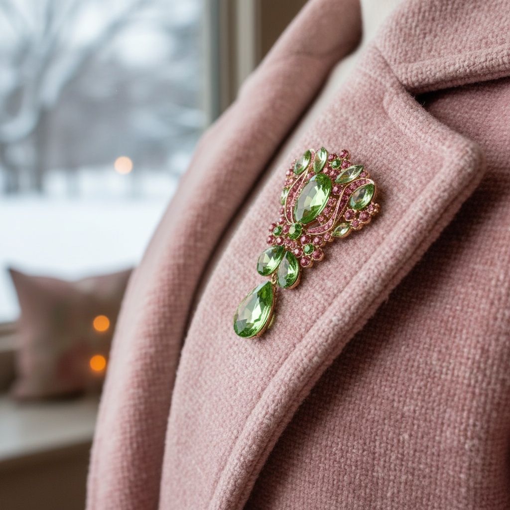 Brooch AKA Large Green Crystal Pink Rhinestone Pin