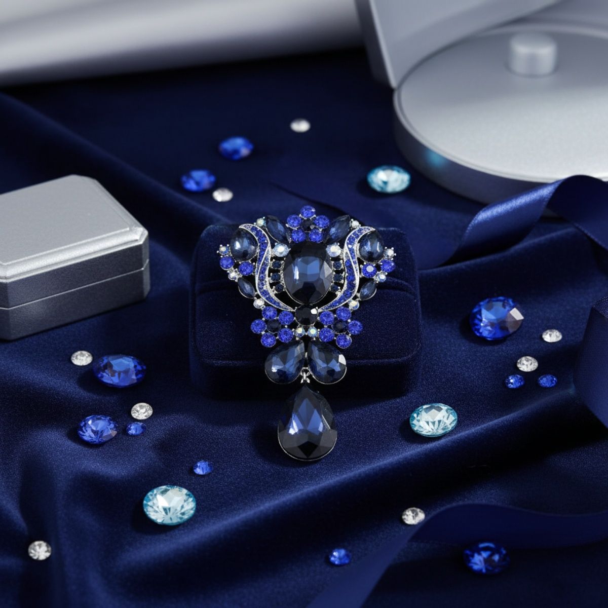 Brooch Large Blue Crystal and Rhinestone Silver Pin
