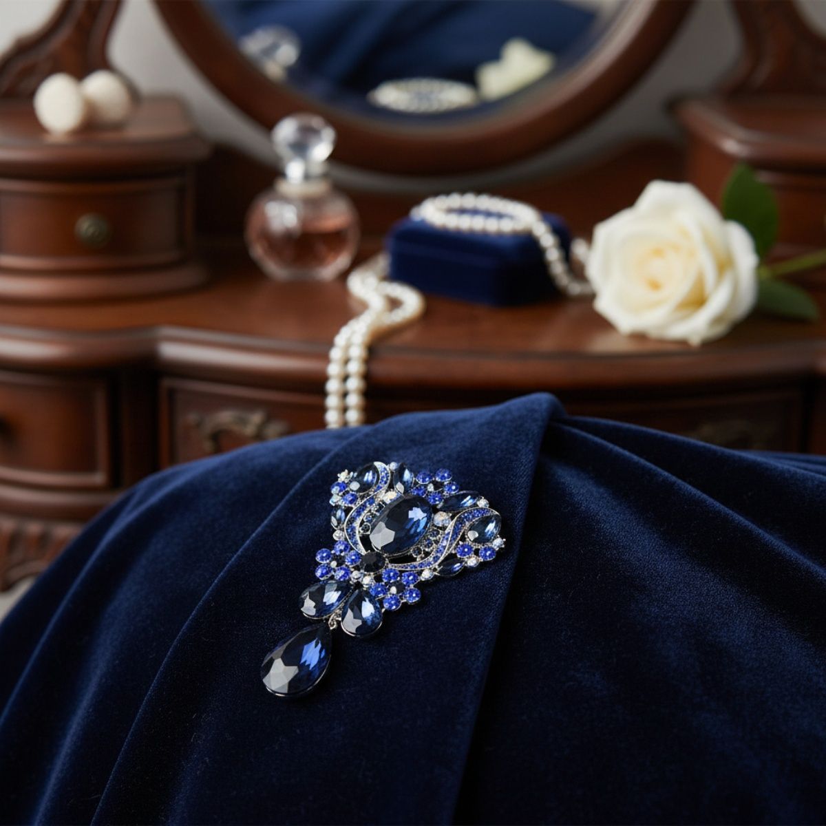 Brooch Large Blue Crystal and Rhinestone Silver Pin