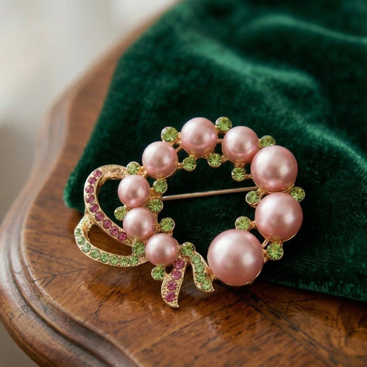 AKA Pink Pearl Wreath and Rhinestone Ribbon Brooch