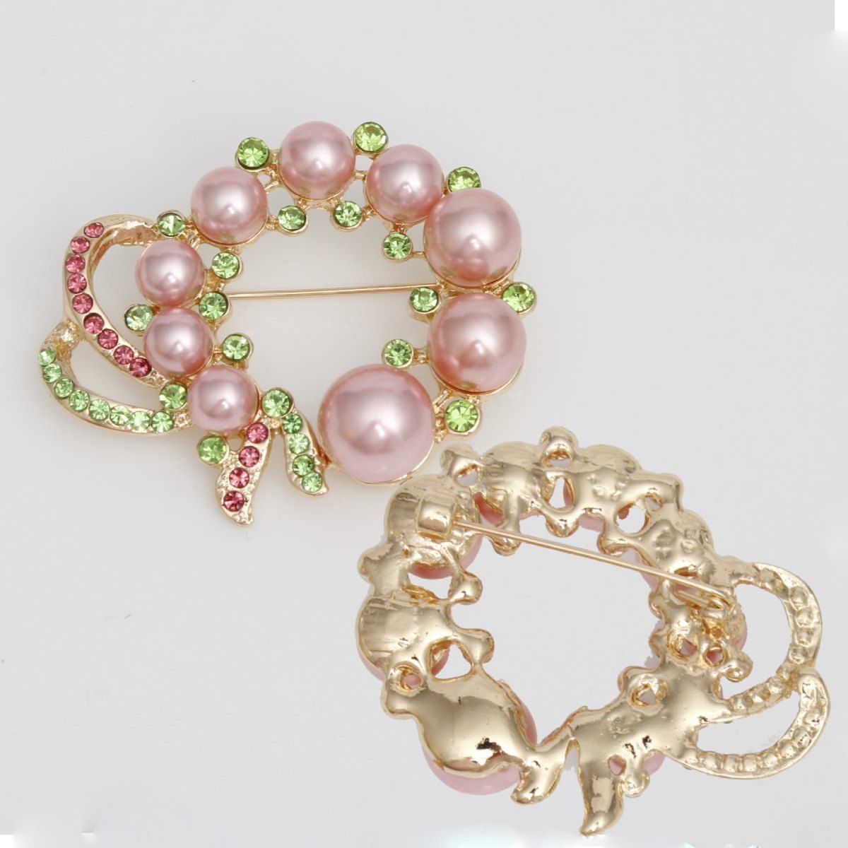 AKA Pink Pearl Wreath and Rhinestone Ribbon Brooch