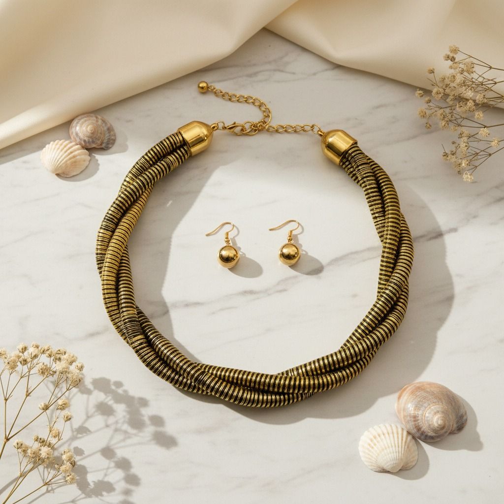 Black and Gold Twisted Cord Necklace Set