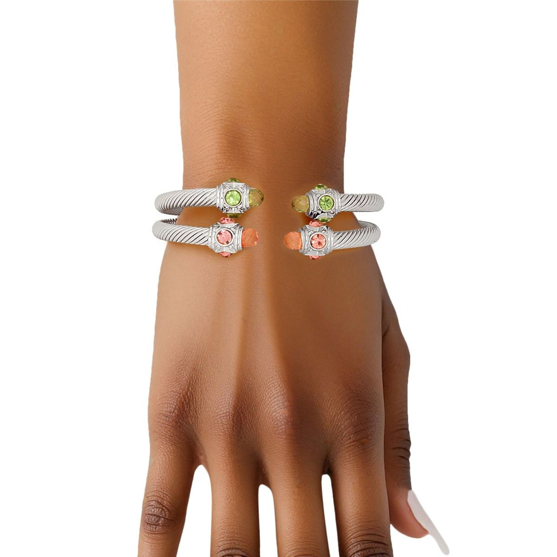 AKA Pink Green Crystal Cable Bangle Bracelet Set