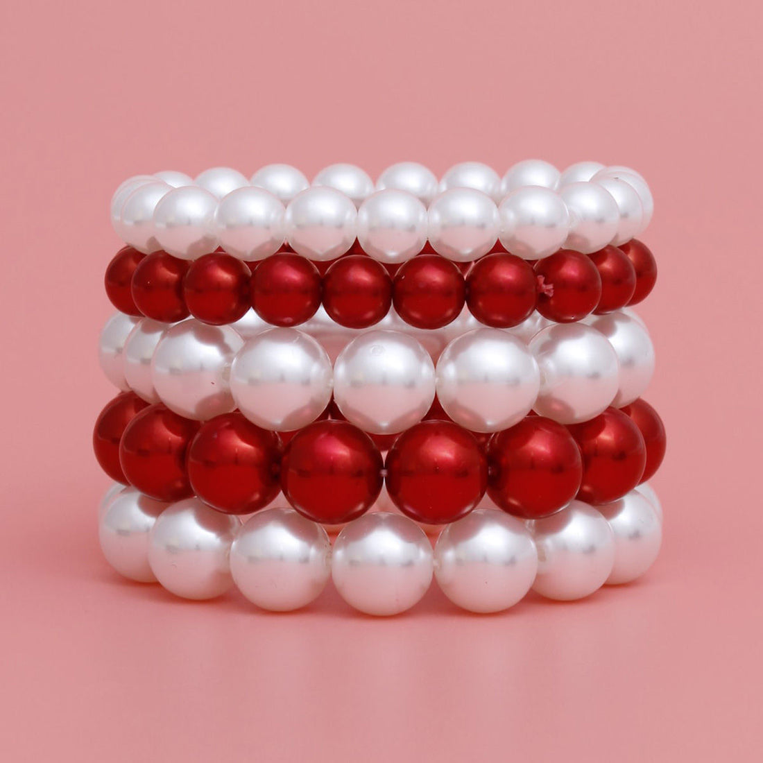 DST Red White Pearl Stretch 5 Pcs Bracelets Women
