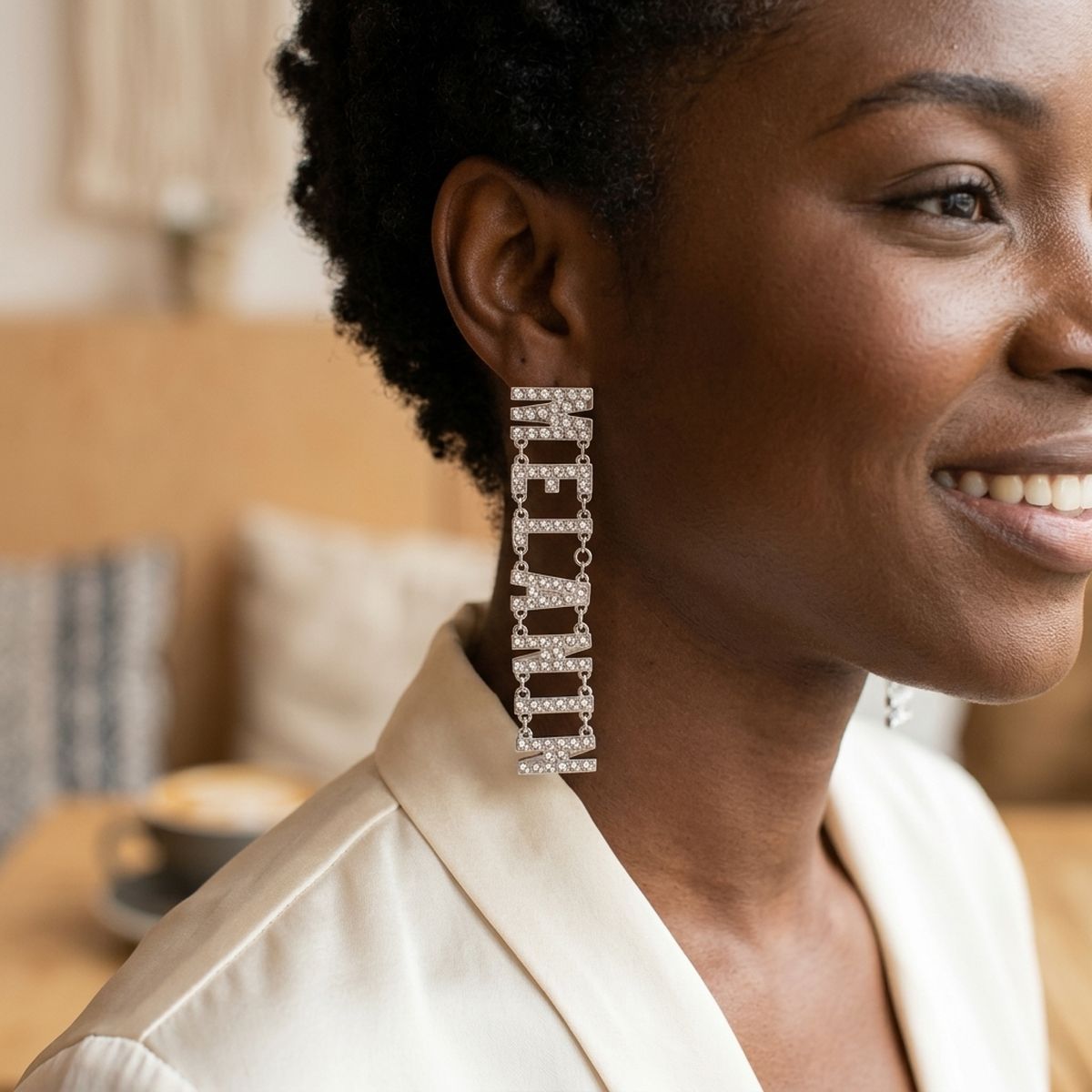 Silver Clear Stone MELANIN Link Dangle Earrings