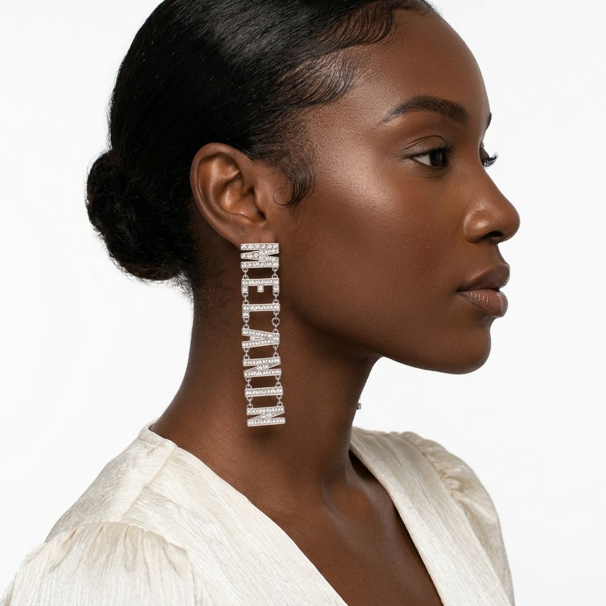 Silver Clear Stone MELANIN Link Dangle Earrings