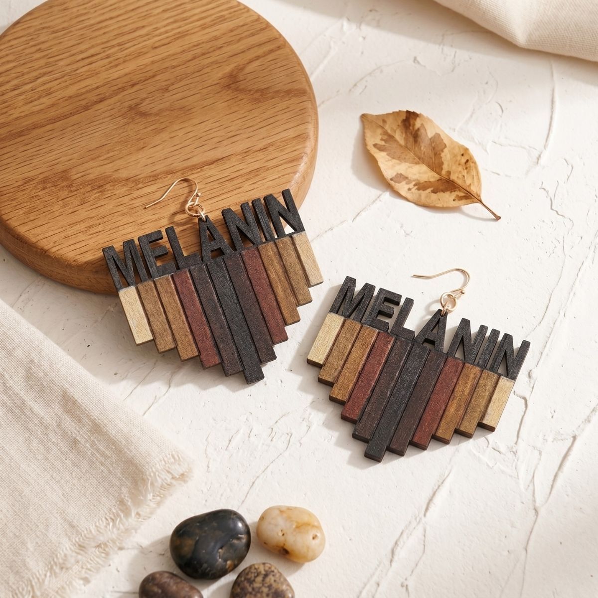 Wood Melanin Skin Tone Fish Hook Earrings
