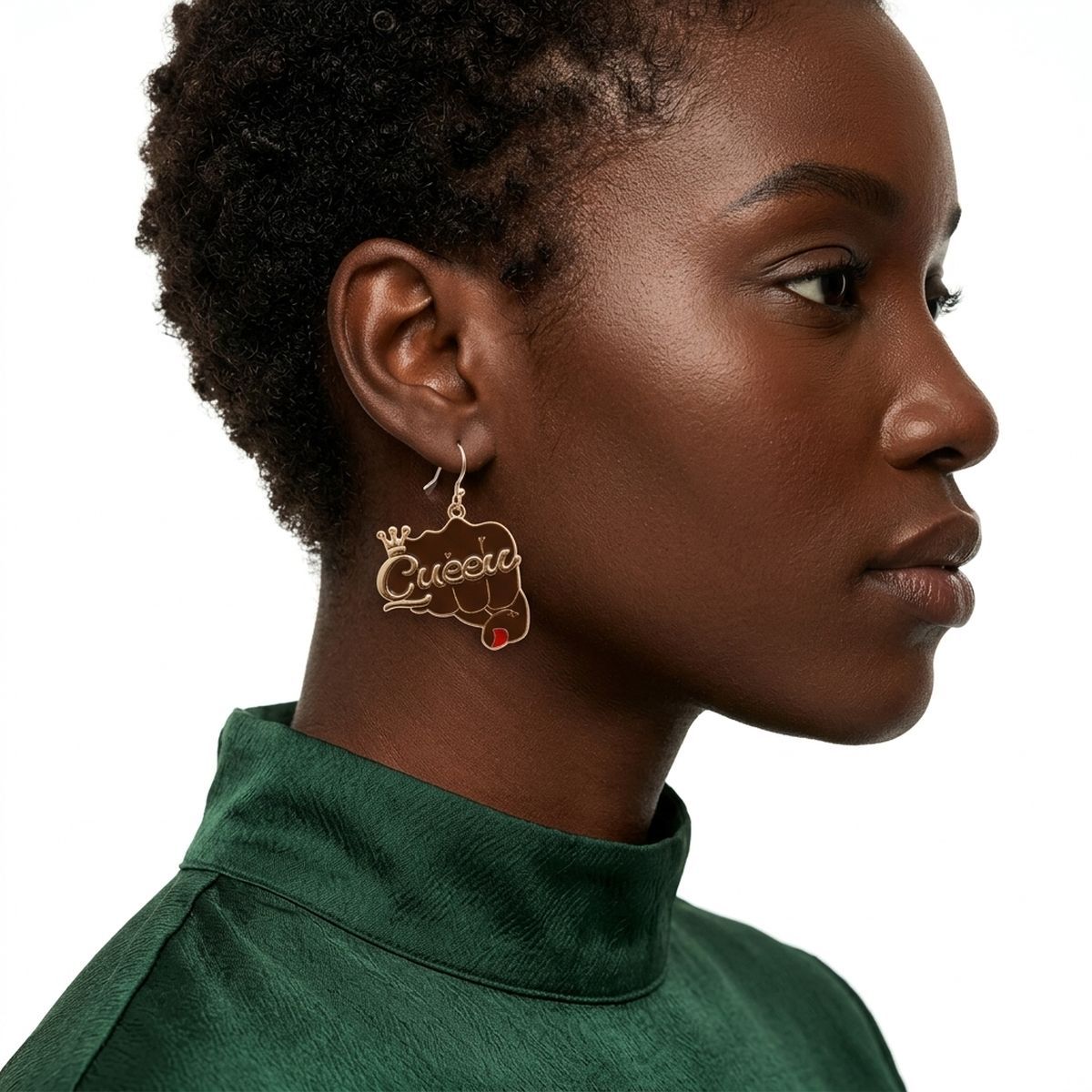Gold Queen Raised Fist Fish Hook Earrings