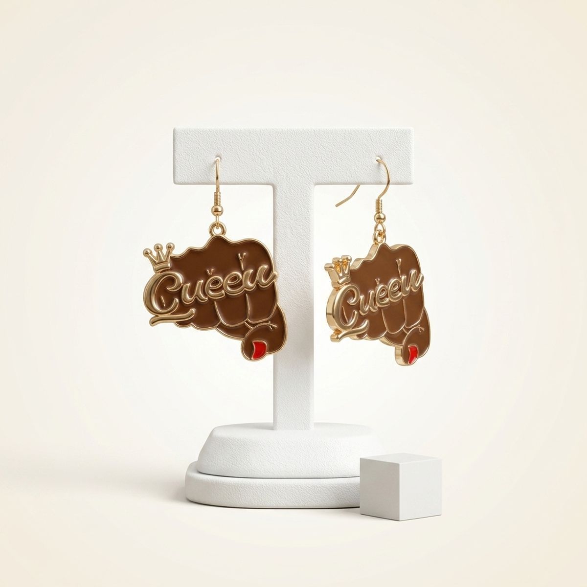 Gold Queen Raised Fist Fish Hook Earrings