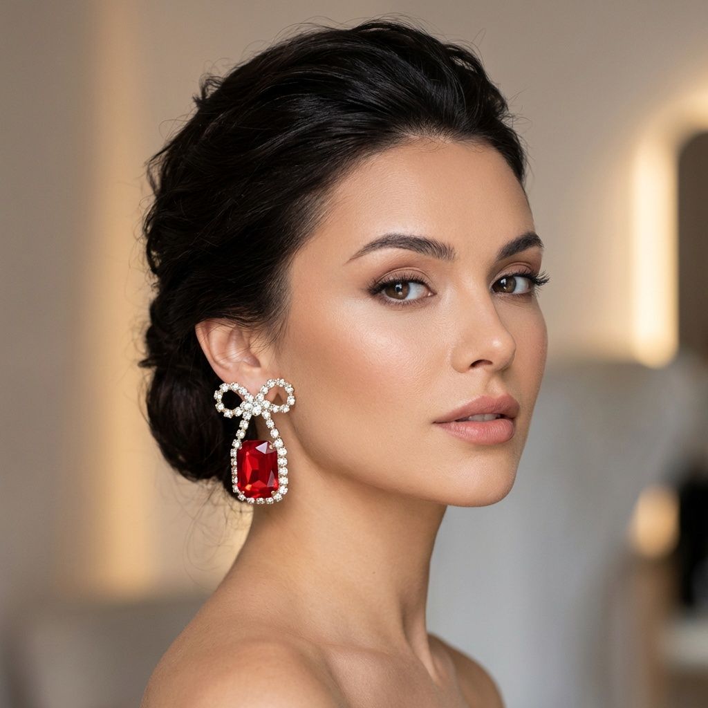 Dangle Date Night Red Crystal Sparkle Bow Earrings