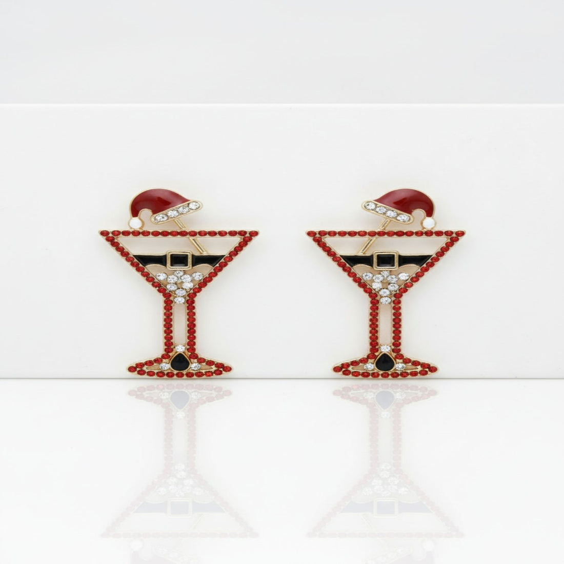 Stud Gold Tipsy Santa Red Martini Xmas Earrings
