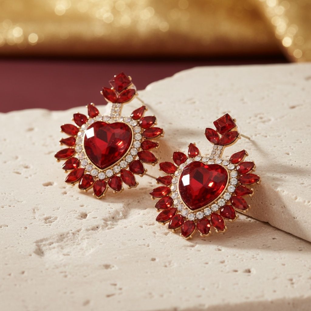 Stud Red Crystal and Glass Heart Earrings