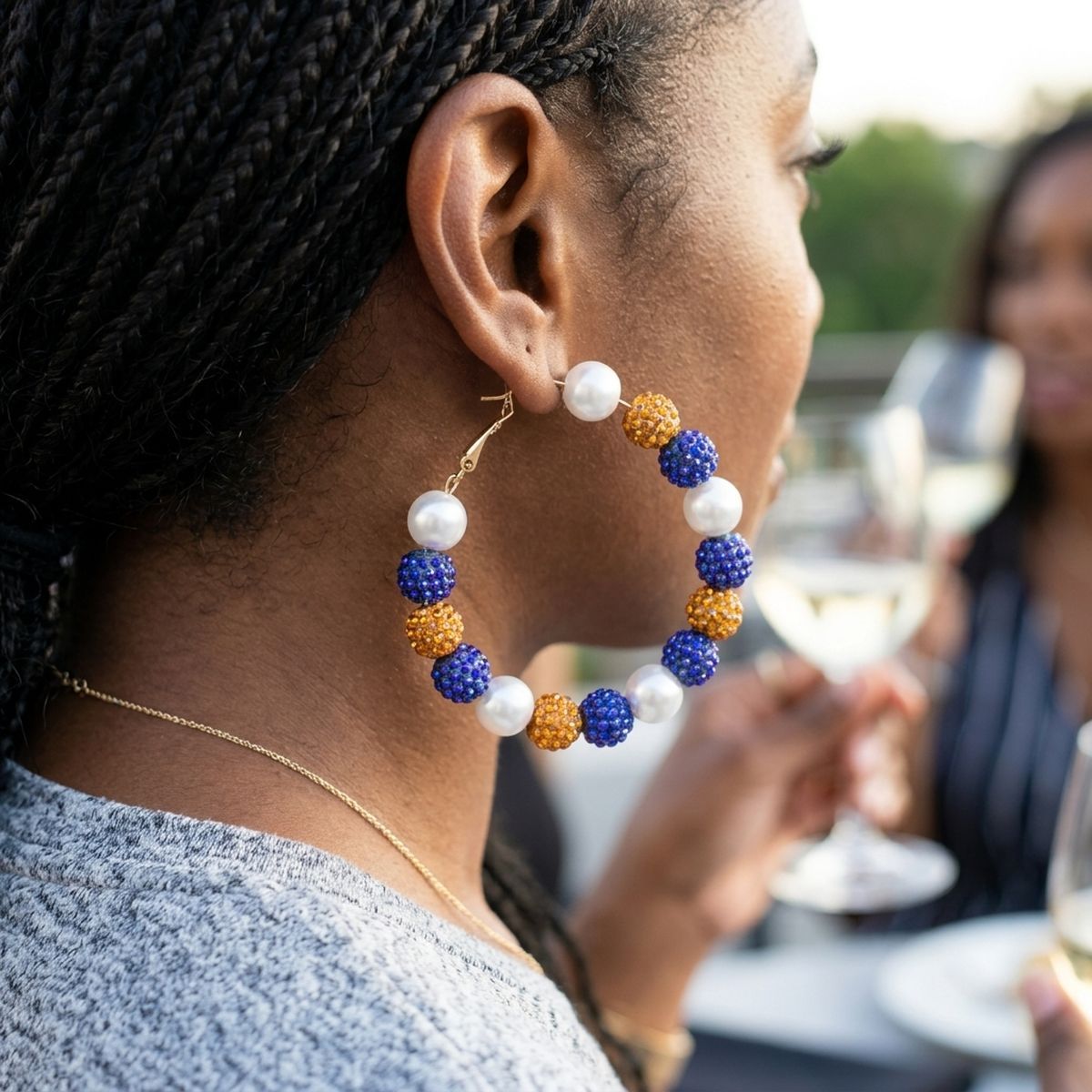 Gold Blue 2in Stone Ball Hoops