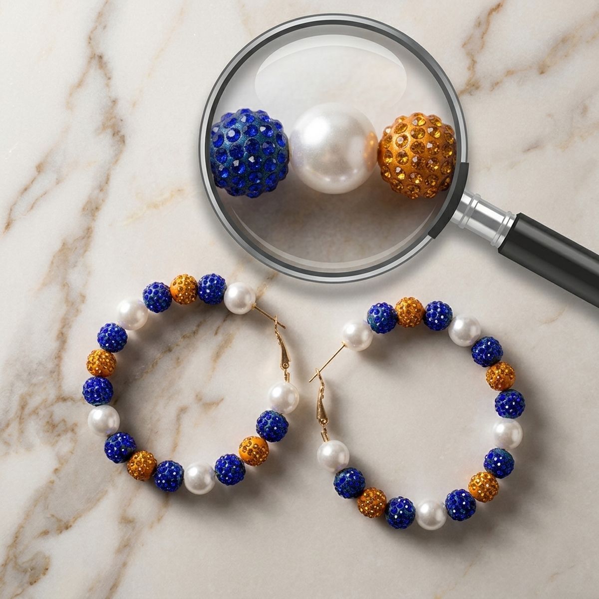 Gold Blue 2in Stone Ball Hoops
