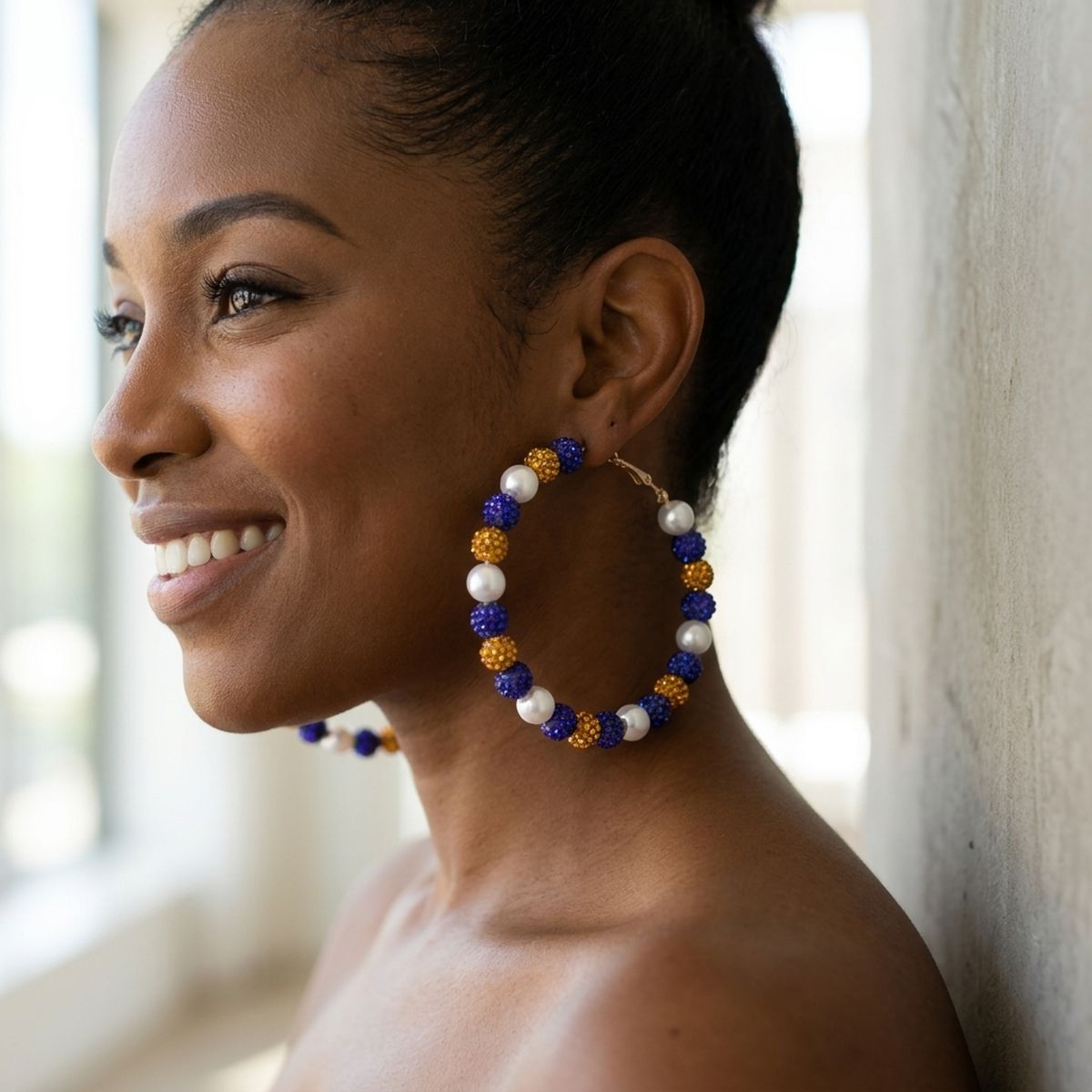 Gold Blue 3in Stone Ball Hoops