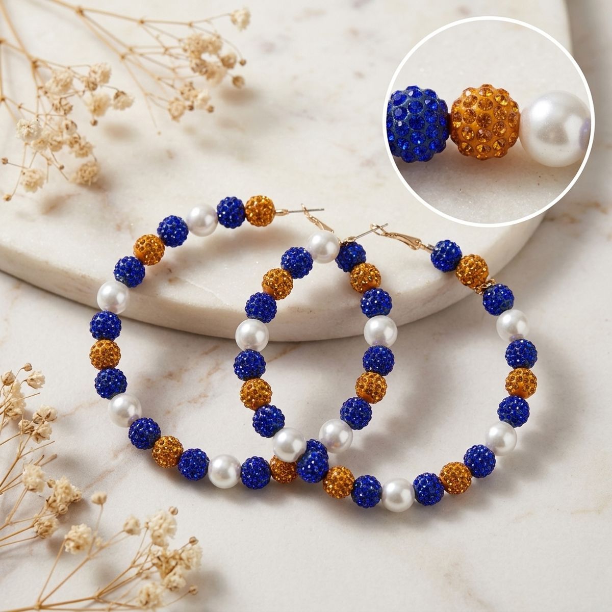 Gold Blue 3in Stone Ball Hoops