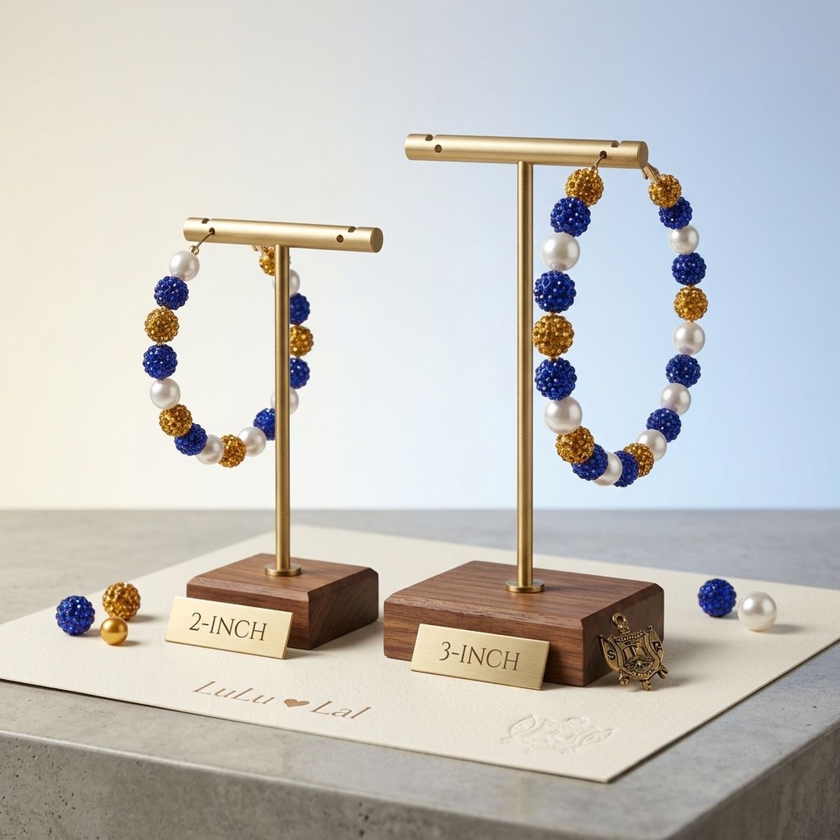 Gold Blue 3in Stone Ball Hoops