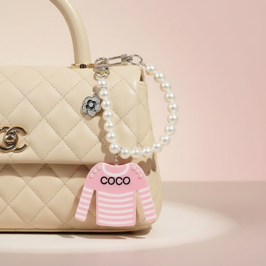 Keychain Pink White Stripe COCO Shirt Pearl Clip